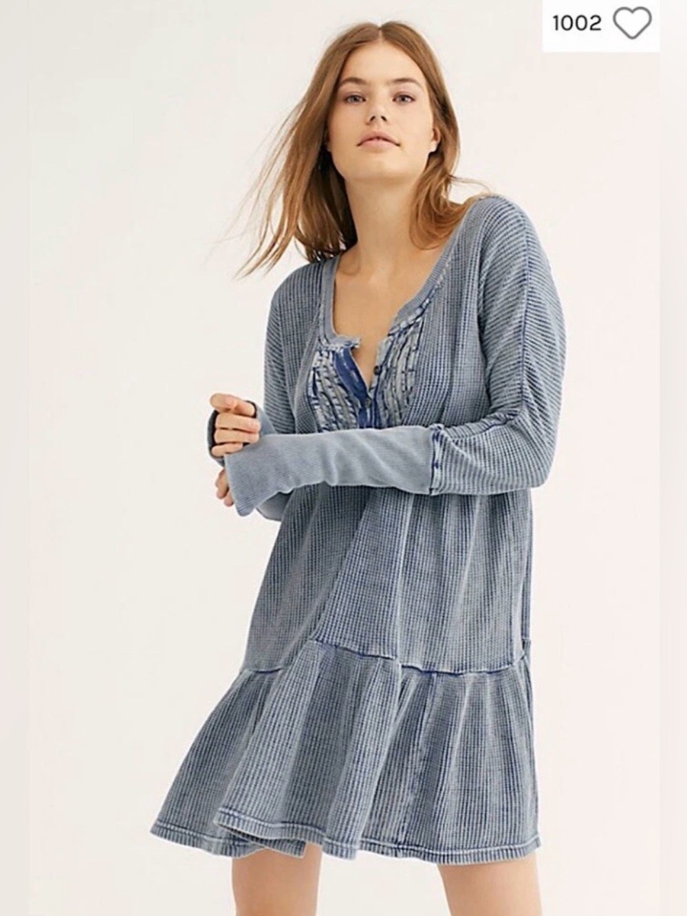 Free People One Jolene Blue Waffle Knit Thermal Long Sleeve Mini Dress Sz Large